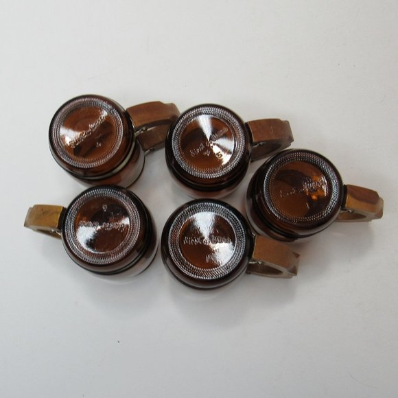 Vintage Siesta Ware Brown Barrel Amber Glass Mug Wood Handle Brass Trim Set of 5 - Picture 8 of 12